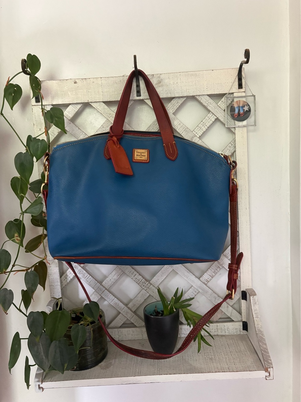 Dooney & Bourke Blue Pebbled Leather Tote with Brown Trim and Strap